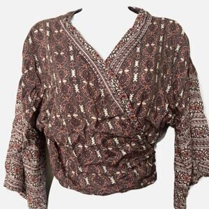 Japna Crop Tie Waist Long Bell Sleeve Purple/Mauve V-Neck Women’s Medium